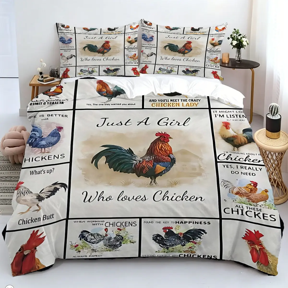 2/3-Piece Chick Print Duvet Cover Set, Fun Chick Quote Pattern Bedding Set, Soft And Breathable Microfiber Material, 1 Duvet Cover With 1 Or 2 Pillowcases - Filling Not Included/Zipper Closure, Suitable For Farmhouse-Style Bedroom Decor.