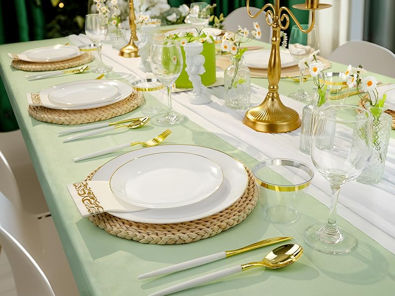 350 Pieces White Gold Plastic Dinnerware Set, Gold Disposable Plates for Party, Graduation, Include 100 White Plates with 150 Plastic Cutlery, 50 Napkins and 50 Cups