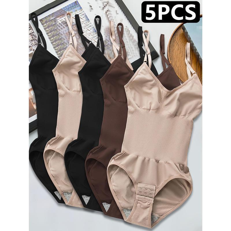 5pcs Women's Seamless Shapewear Bodysuit with Abdominal Compression & Hip Lifting - Tummy Control, No Padding, Stretchy Nylon-Spandex Blend, Black/Brown/White/Beige/Navy Blue, for Travel & Casual Attire, Comfort Undergarment |         Closefitting Sha