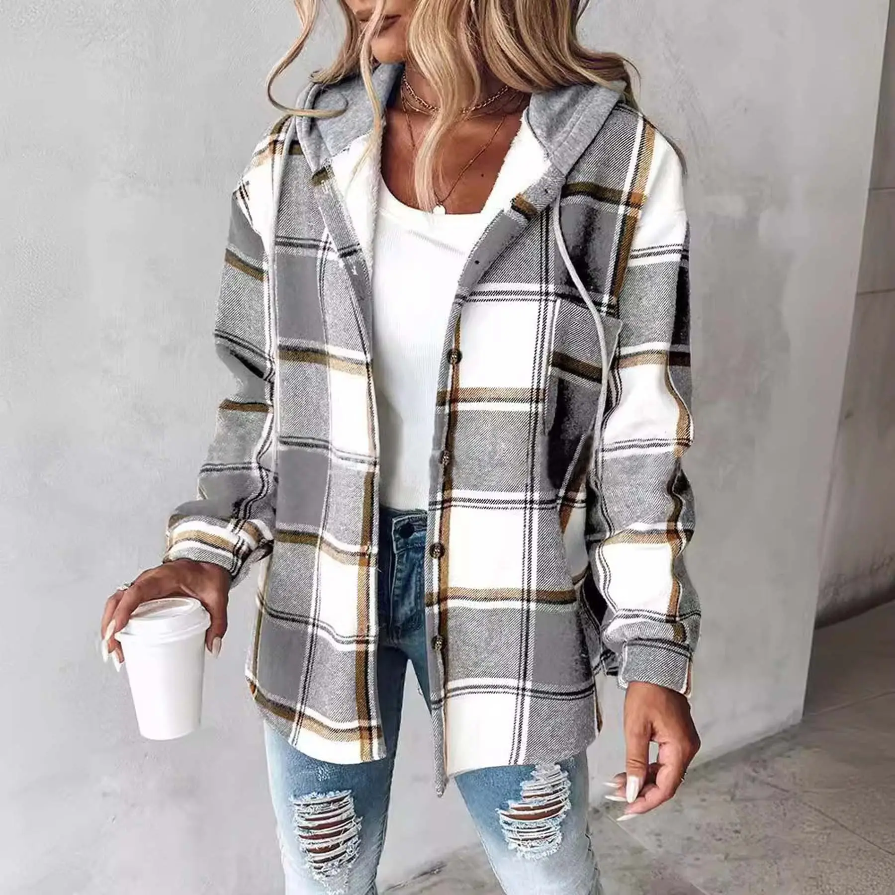 Women’s Plaid Hooded Shacket, Button Front Long Sleeve Oversized Shirt Jacket with Chest Pocket, Soft Casual Layering Coat for Fall Winter, Streetwear, Travel, Coffee Runs, Weekend & Everyday Wear