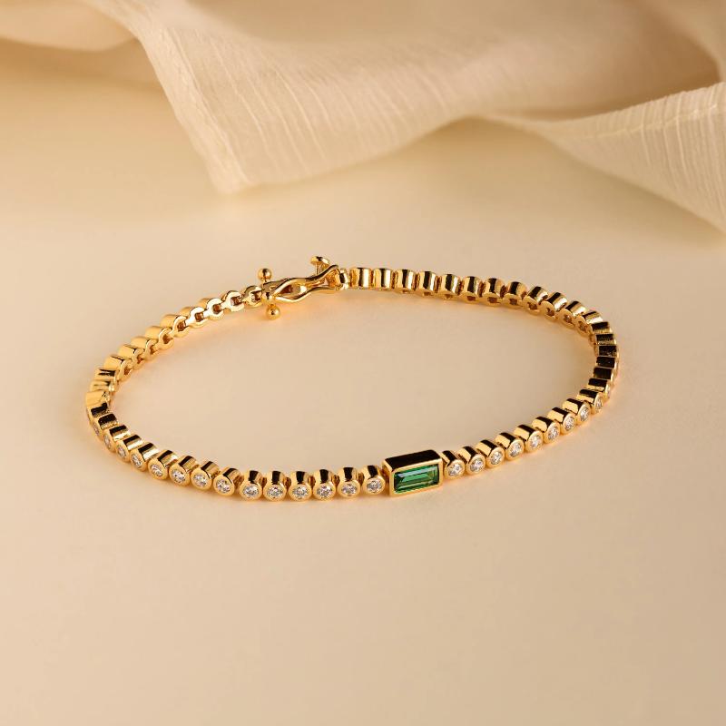 Emerald Baguette Tennis Bracelet by Caitlyn Minimalist - Vintage Emerald & Diamond Eternity Bracelet in Gold - Statement Bezel Gemstone Bracelet - Anniversary Gift for Her.