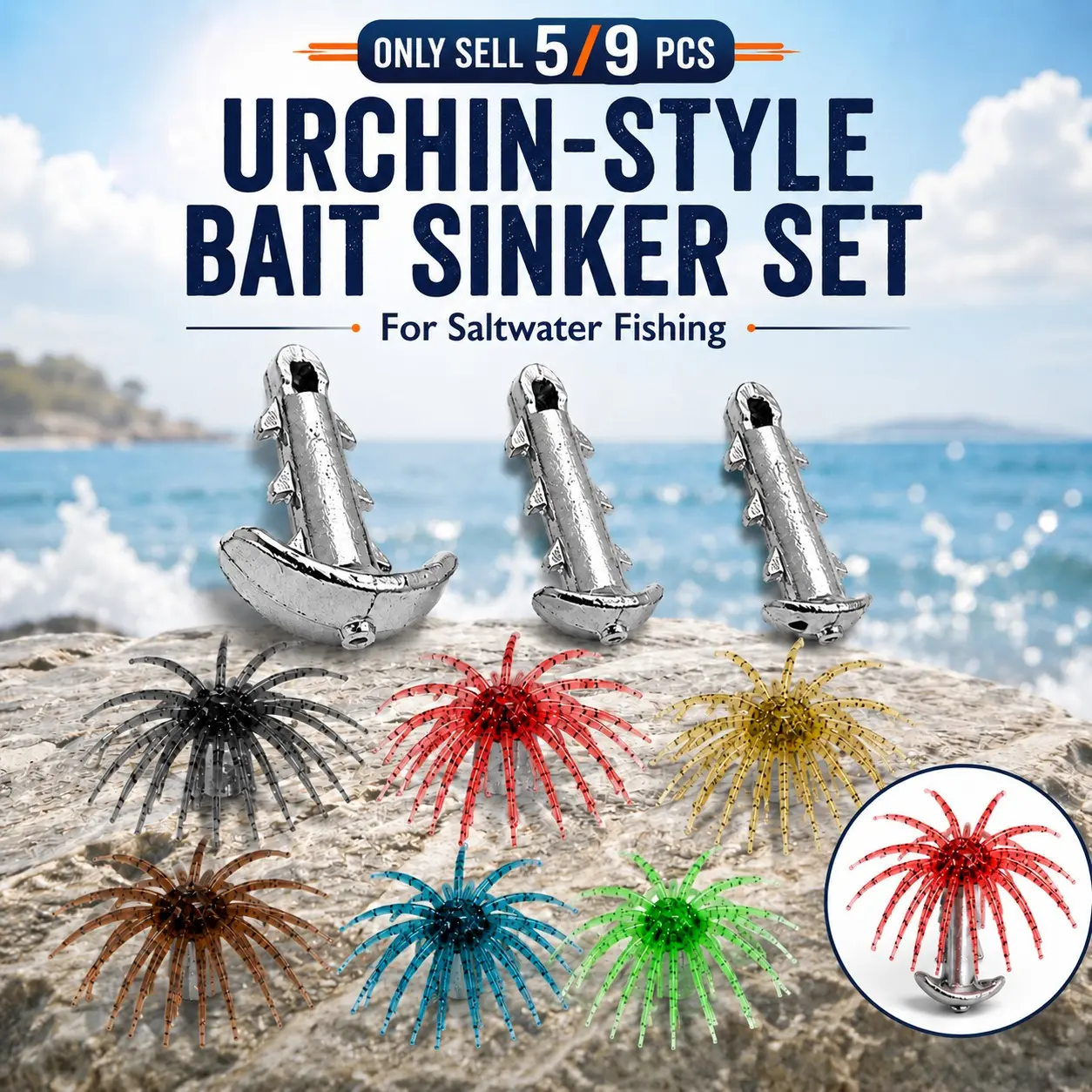 5/9 PCS Sea Urchin Bait Anchor Shaped Sinker with Anti-Slip Locking Hook, Saltwater Fishing Rig Weights for Urchin-Style Baits, Coastal Offshore and Deep Sea Fishing Tackle