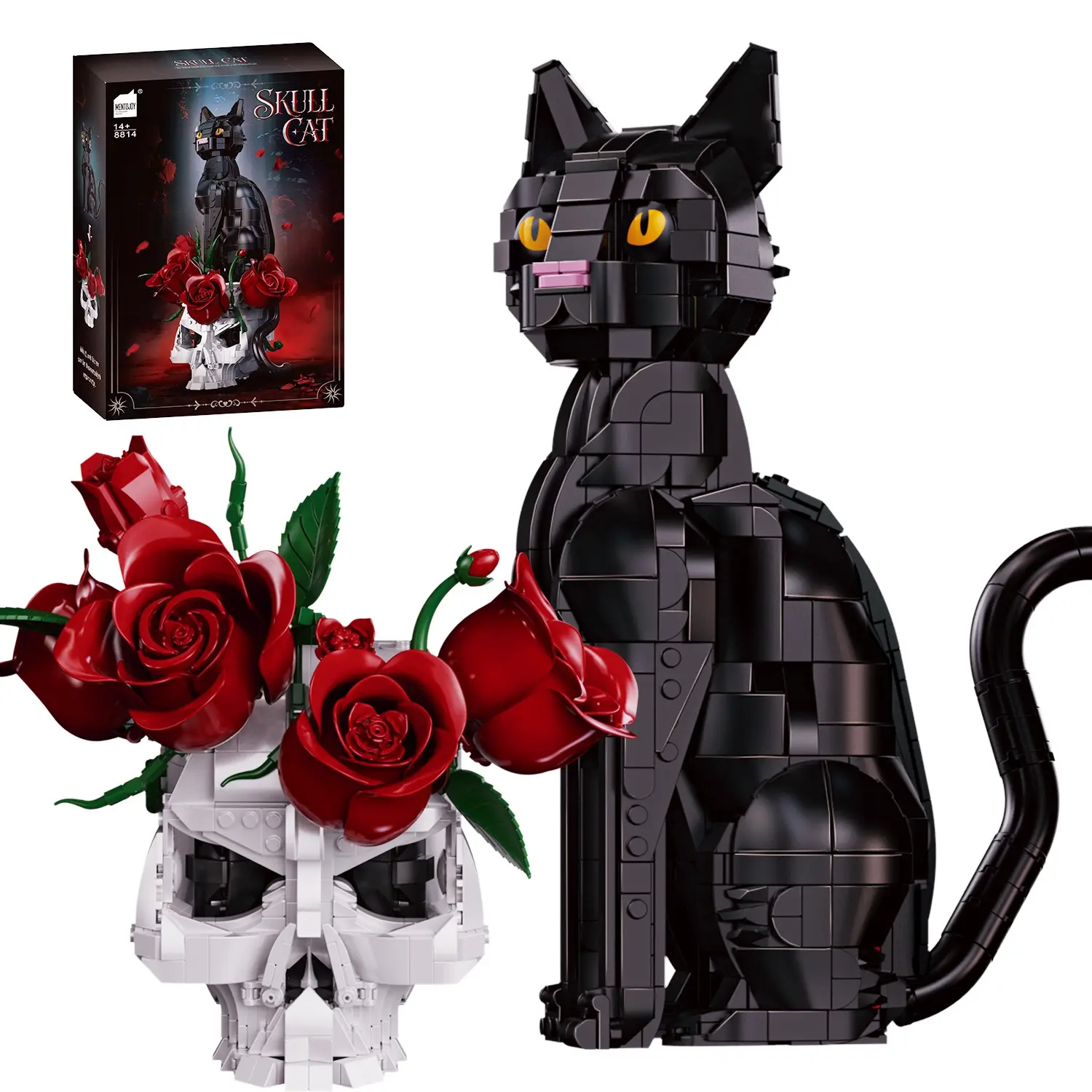 1576PCS Gothic Skull Cat Building Blocks Kit With Rose Halloween Home Decor Desktop Ornament Black Cat Bricks Toys DIY Assembly Toy Gift For Adults Teens