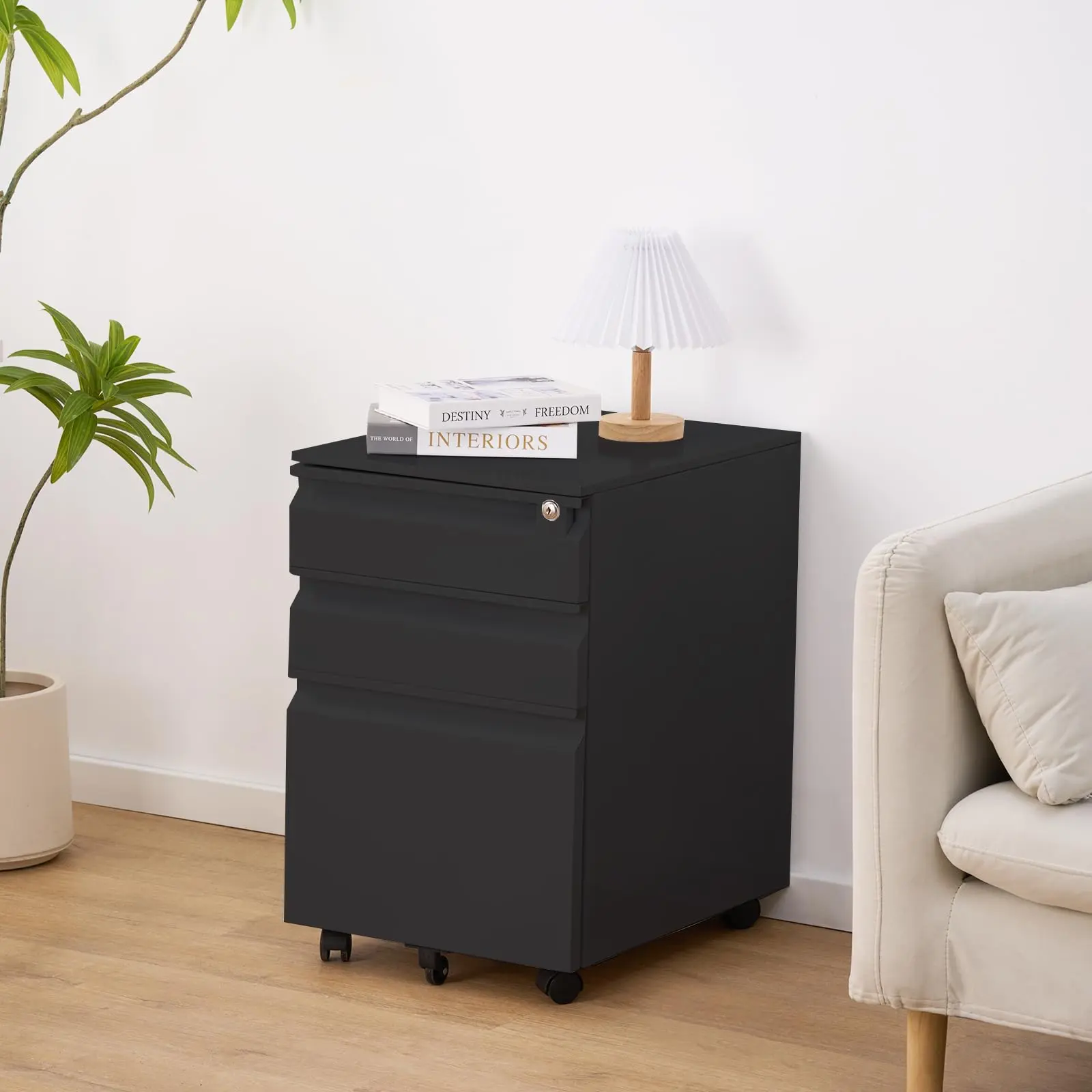 3 Drawer Metal Filing Cabinet with Lock, Black Mobile File Cabinets for Home Office, Under Desk Rolling Storage for Legal Letter A4 Files (14.57"Wx17.32"Dx23.62"H)