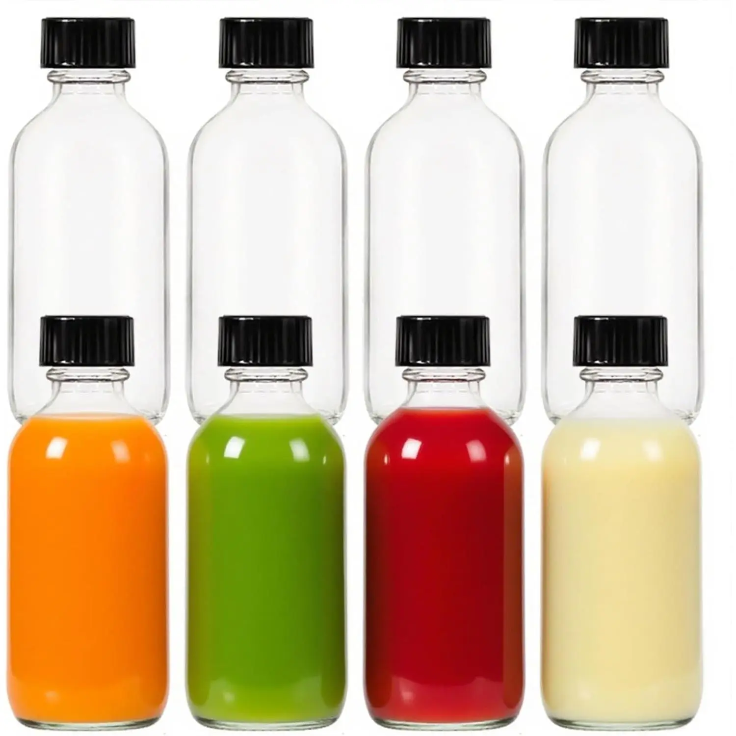 2 oz (60ml) 8 Pack Leak-Proof Clear Glass  Round Bottles with  | Mini Travel Containers for Ginger Shots, Juice, , Samples | W/Labels, Funnels & Brushes