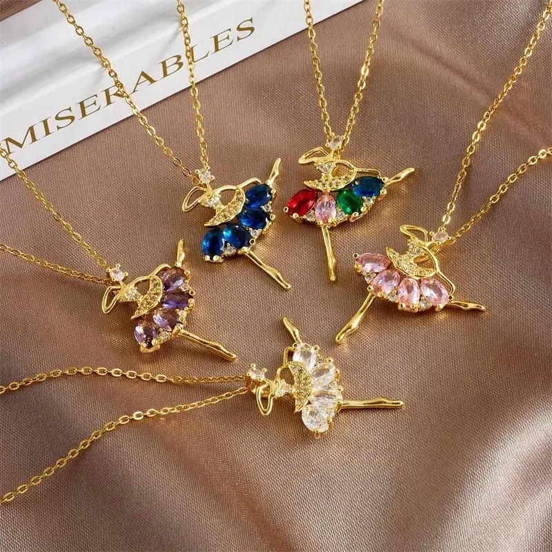 Elegant Shiny Zircon Ballet Girl Pendant Necklace Stainless Steel Chain Dancing Girl Jewelry Gifts for Women Teen Girls