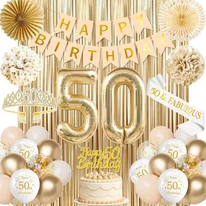 Champagne Gold 50th Birthday Decorations for Women – Complete Party Set: Banner, 50 Number Balloon, Crown & Sash, Paper Fans, Fringe Curtains, 50 and Fabulous