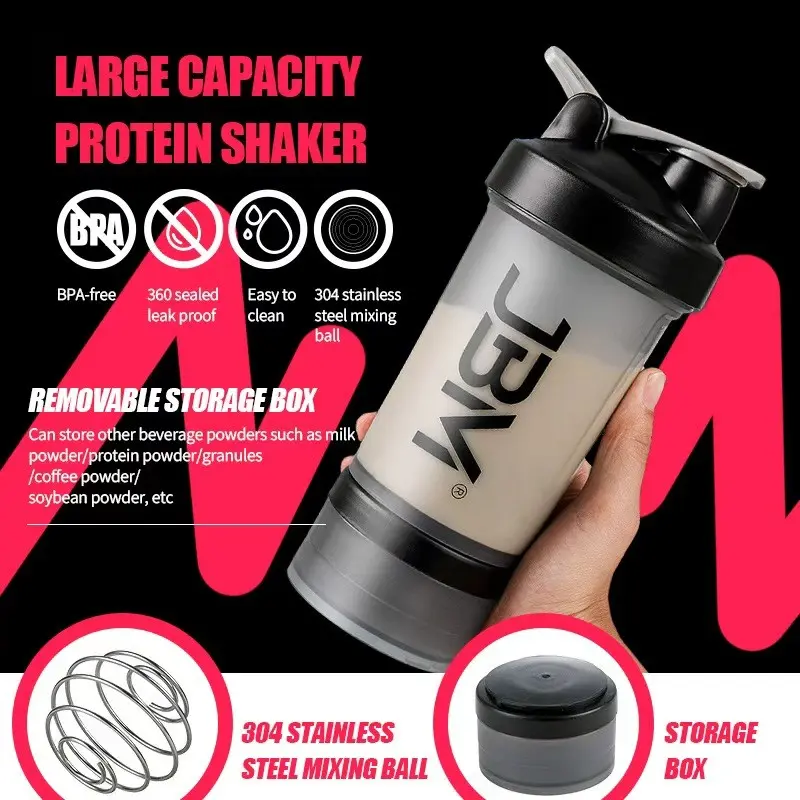 Fitness Protein Shaker Cup with Detachable Powder Box, Shaker Bottle With Storage, Food Grade Stainless Steel Stirring Ball, Easy Clean Reusable Sports Water Bottle, Gym Bottle