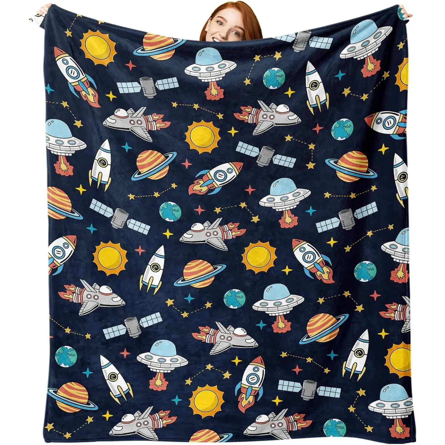 Out Space Flannel Throw Blanket, Planet Rocket Spacecraft Gifts, Galaxy Sun Stars Birthday Ideas, Soft Blankets Present 50'' x 60''