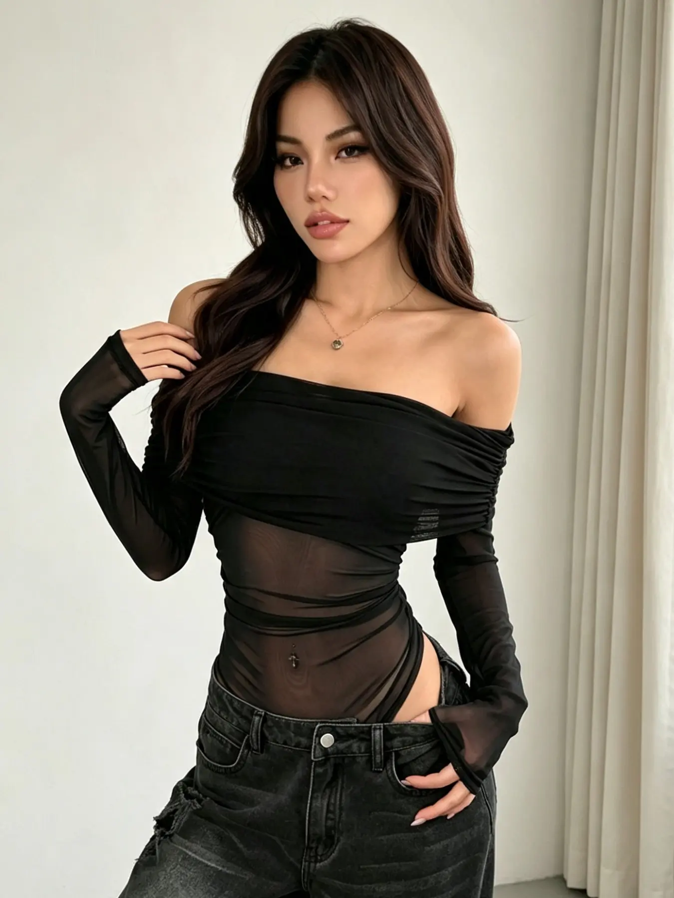 Spring Summer Women's Fashion Casual Solid Color Ruffle Shoulder Long Sleeve Mesh Light Romper, Stylish and Comfortable