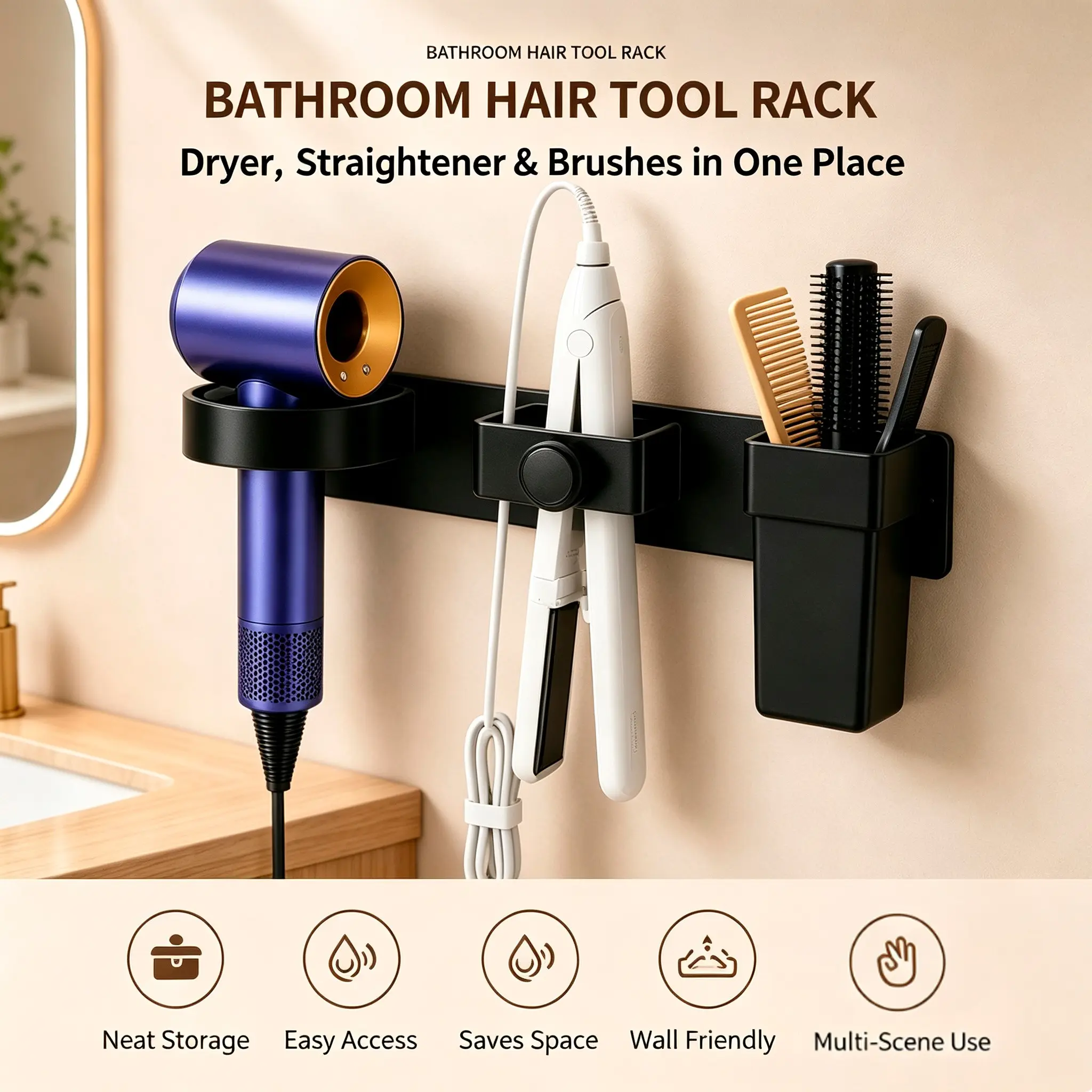 Wall-Mounted Hair Tool Organizer, No-Drill Drill Dual Use Hair Dryer Stand, Stores Curling Iron, Straightener, Comb, Bathroom Accessory