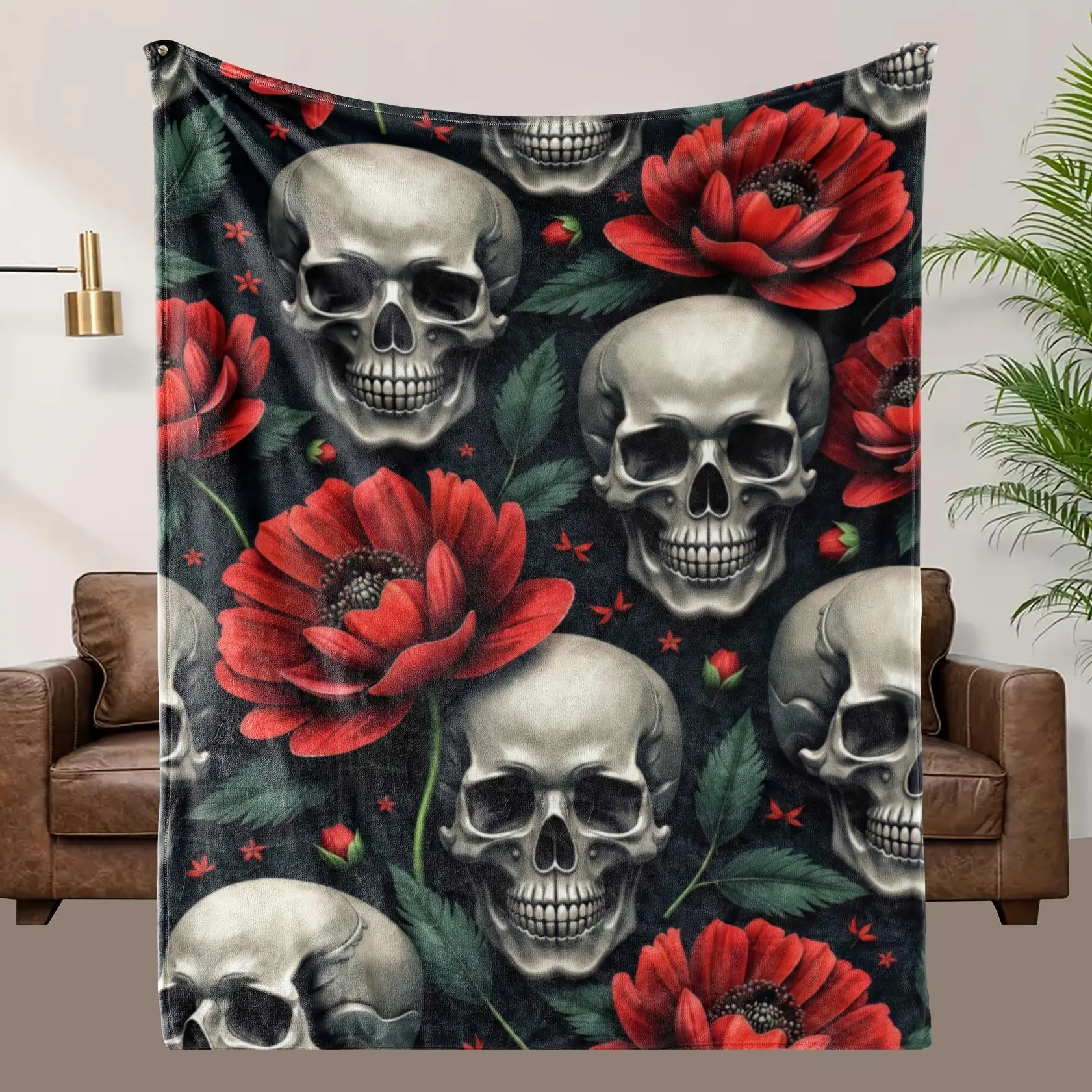 Cozy Red Floral Skull Fleece Blanket - Gothic & Red Skull & Flower Print, Soft Breathable All-Season Quilted Bedspread, Machine Washable Contemporary Throw for Bed, Couch, or Floor - Bold Background with & Red Design, Perfect Gift for Home Decor