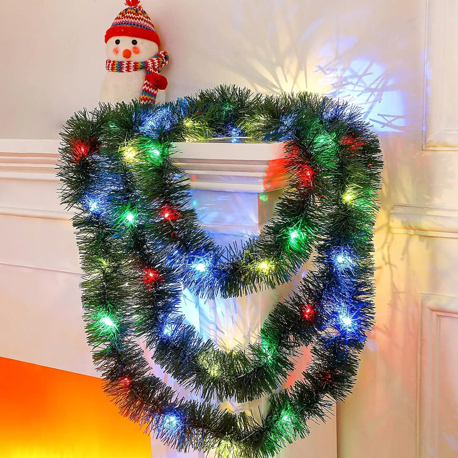 16.4 ft Christmas Garland with Light,Multicolor, Green | Prelit Metallic Tinsel Twist Tree Garland  Operated 50 LED  for Xmas  Year Indoor Outdoor Party Decor