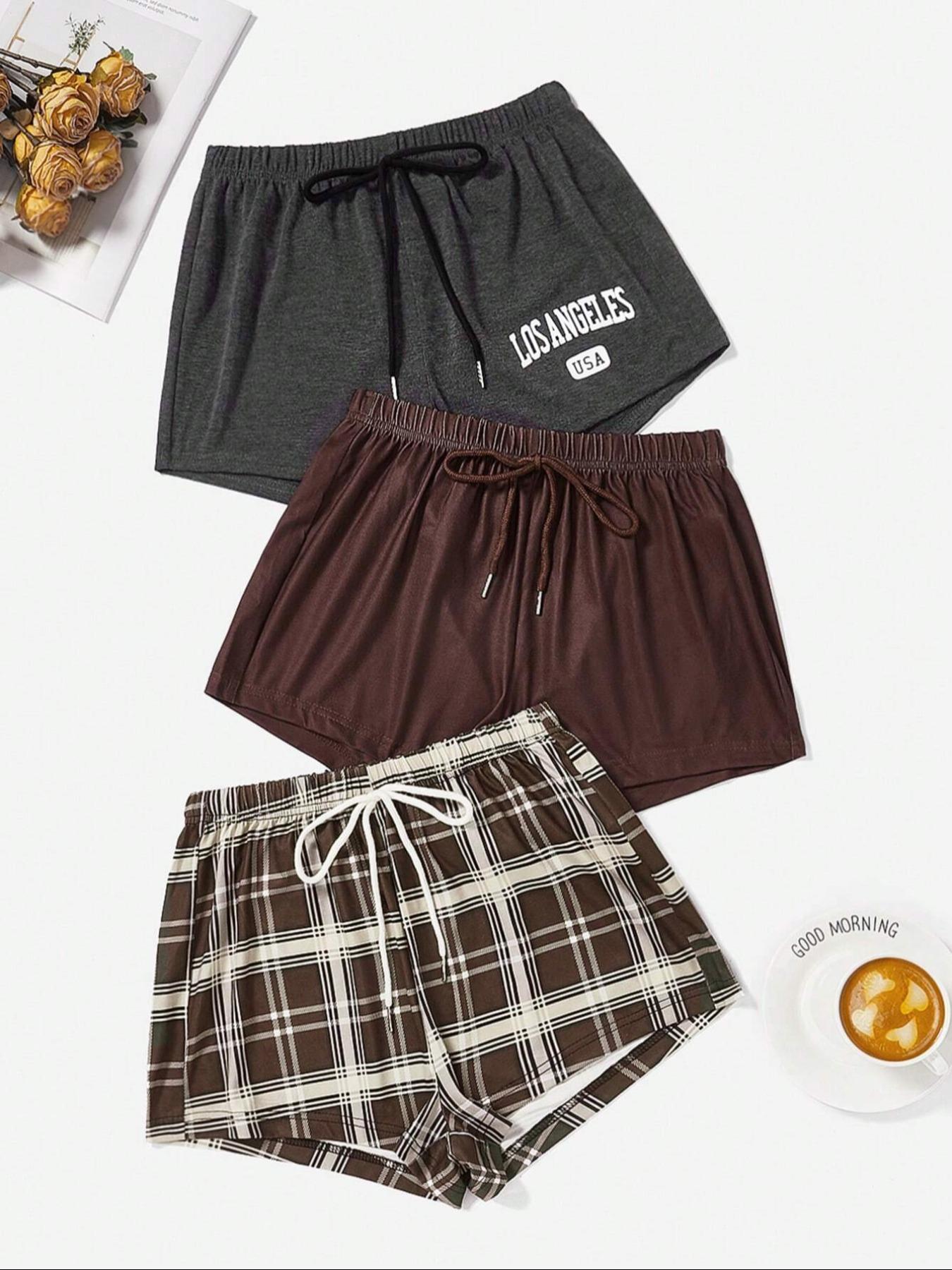 Women's 3pcs Elastic Waist Sleep Shorts, Casual Comfy Pajama Drawstring Waist Sleeping Shorts for Daily Indoor Wear, Women's PJ Bottoms for All Seasons, Summer Outfits 2024