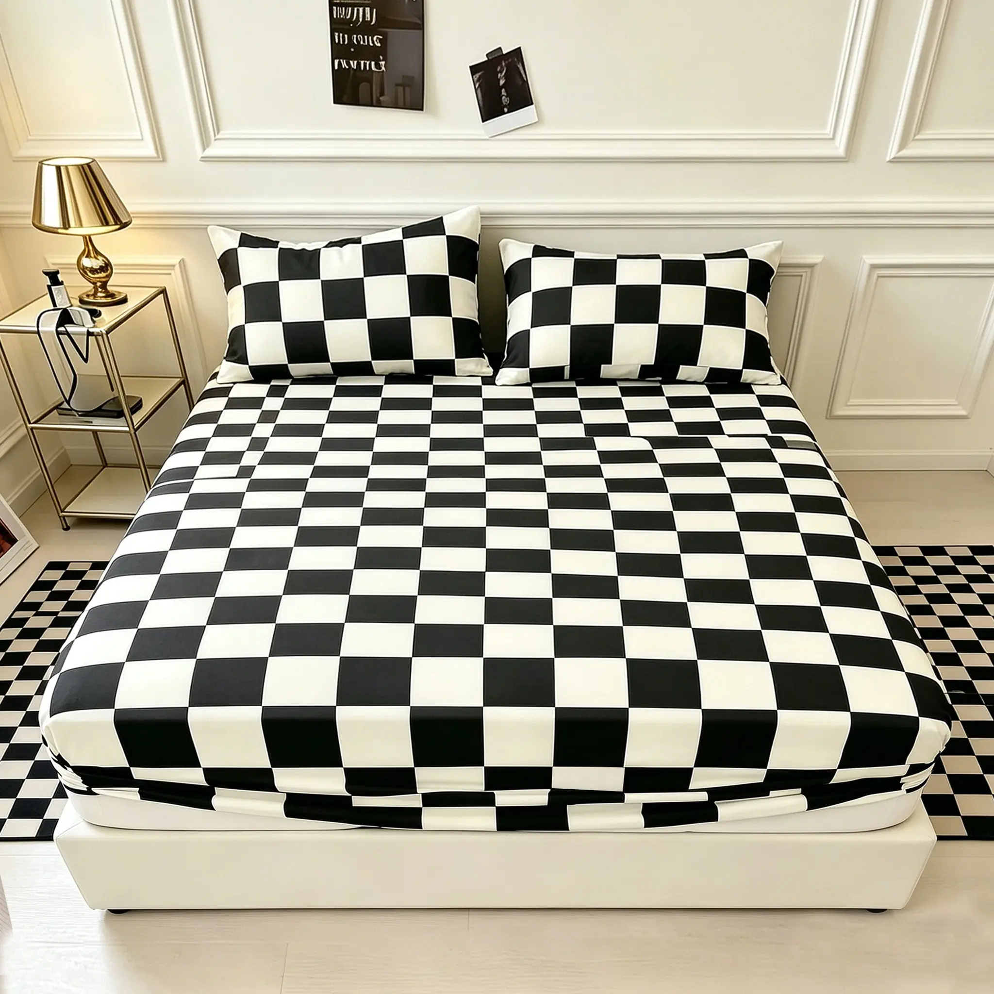 Classic black and white plaid printed fitted sheet set, bed sheet sets, 3-piece bedding set including 1 fitted sheet and 2 pillowcases, unfilled. Made of 100% polyester fabric, washable, modern minimalist household bedding Bed Linens