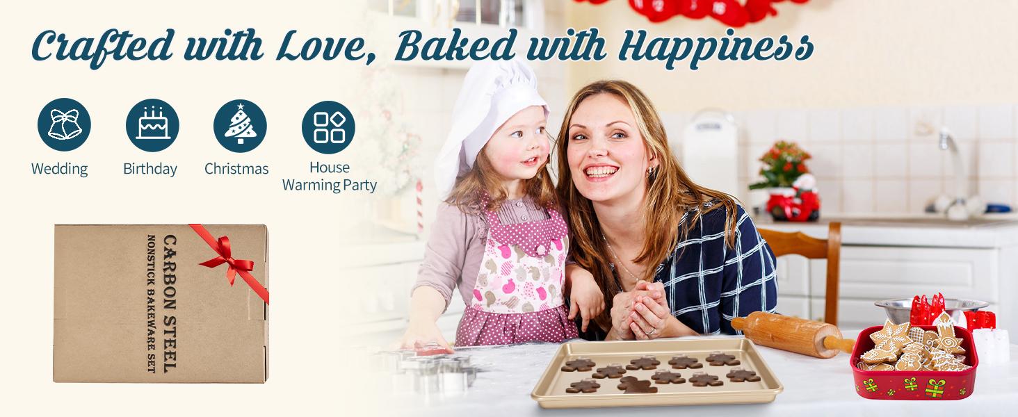 Baking Pans Set, Nonstick Stackable Bakeware Sets, Oven Pans for Cooking 6 Pieces Baking Sheets Set Including Cookie Sheet, Deep Roaster Pan, Square Pan, Loaf Pan, Muffin Pan, Carbon Steel