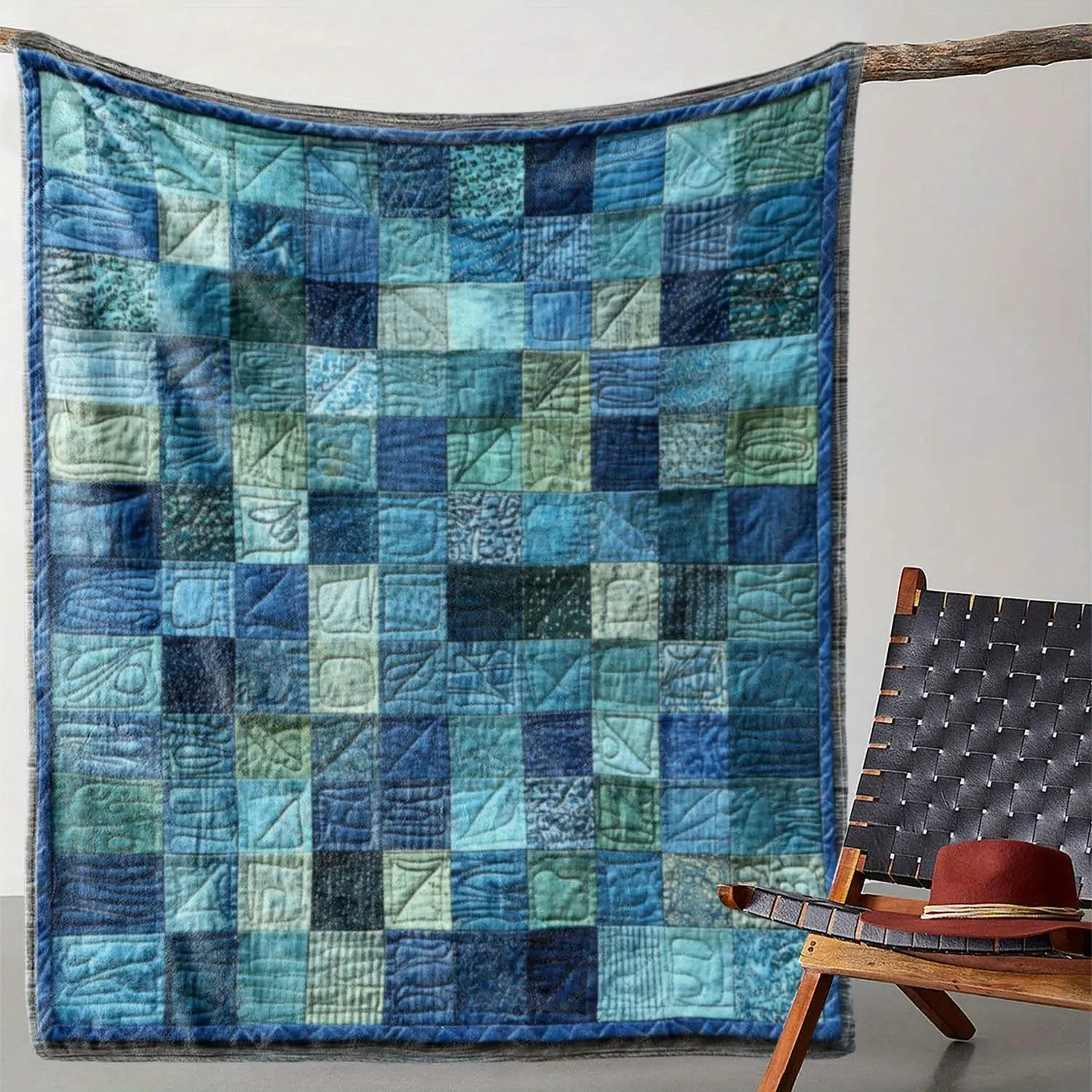 Turquoise Blue Green Beige Brown Grey Mosaic Flannel Blanket - Soft Plush Bedspread & Cozy Throw, Lightweight 250-300gsm All-Season Bedspread for Couch, Bed, Camping, Travel, Turquoise Blue-Green Hues, 100% Polyester, Retro Mosaic