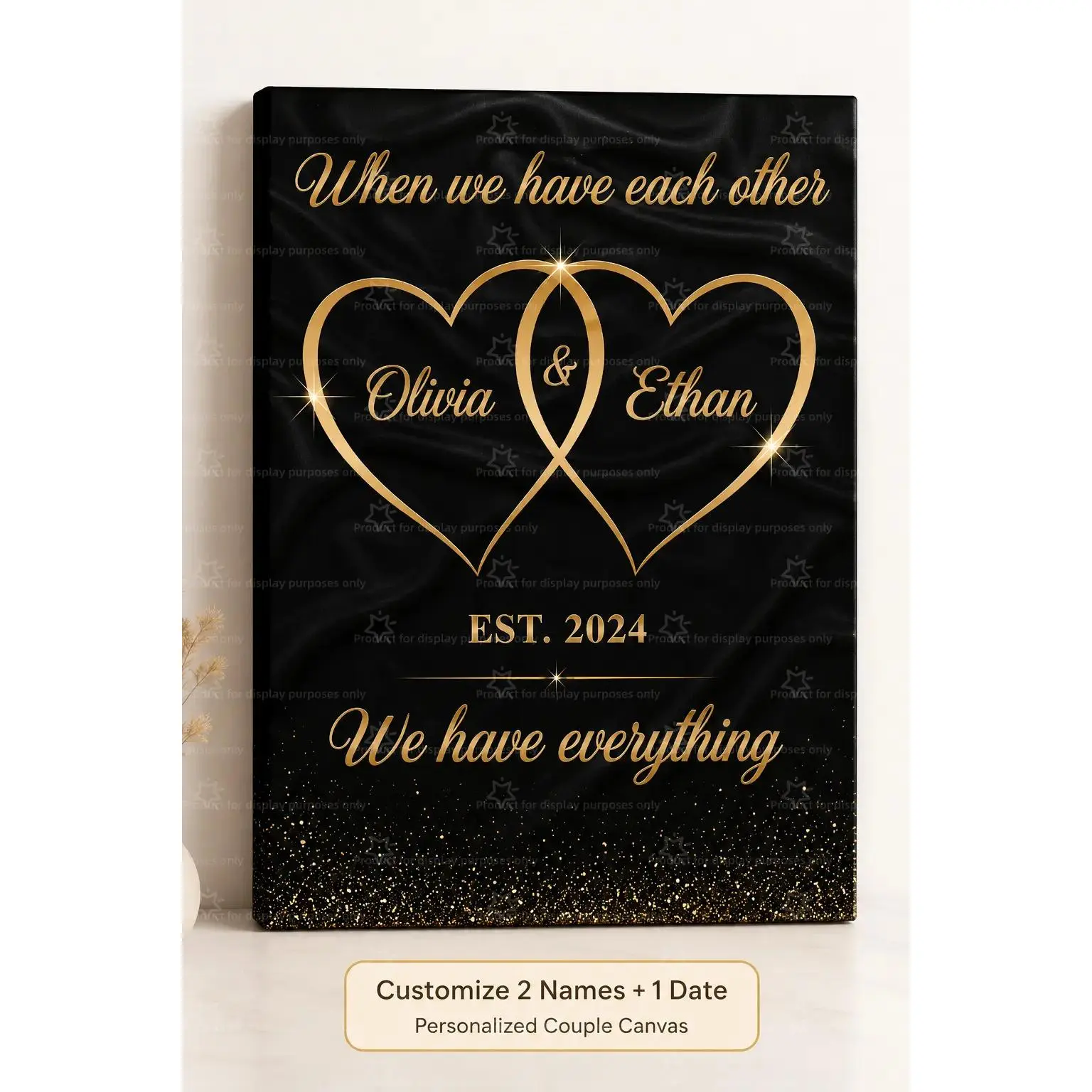 Custom Black Silk Glitter Intertwined Golden Hearts Canvas Wall Decor Poster, Personalized Two Names & Establish Date Print, Wall Art for Bedroom Living Room Apartment, Decor Poster Print, Available as Unframed Canvas Poster or Framed Canvas Wrap