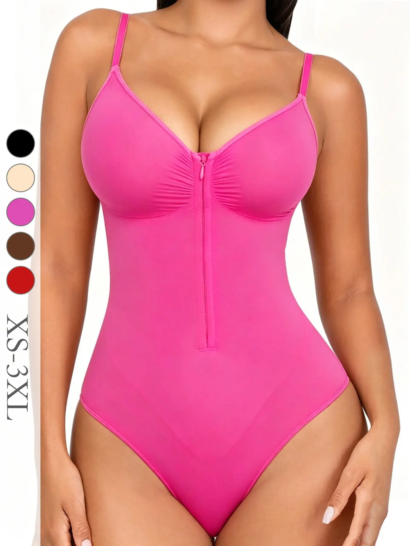 Women's V-Neck Zipper Shapewear Underwear Bodysuit, High Compression Waist Cincher, Casual One-Piece, Adjustable Straps, All Seasons Wear, High Waist Bodysuits