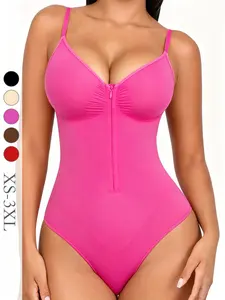 Women's V-Neck Zipper Shapewear Underwear Bodysuit, High Compression Waist Cincher, Casual One-Piece, Adjustable Straps, All Seasons Wear