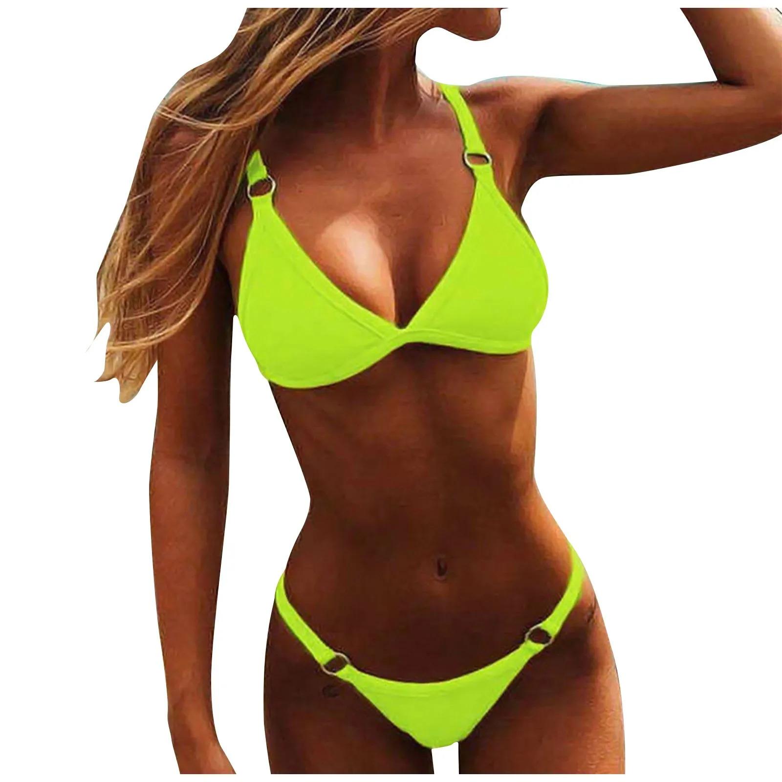Vacation Woman Girl Solid Color Metal Buckle Sling Backless Split Swimwear Sexy Bikini Set Two Piece Swimsuit Bikinis Swimsuit