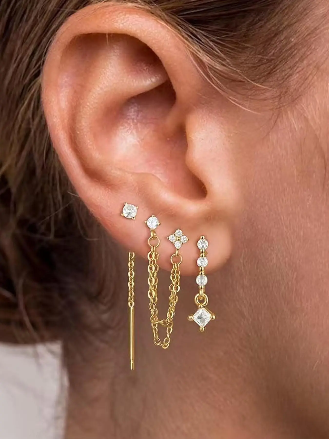 3-Piece Gold-Tone Single Ear Earring Set for Women, Chain Threader, Double-Chain Connector & Clear Stone Drop, Dainty Ear Stack, Earrings Jewelry