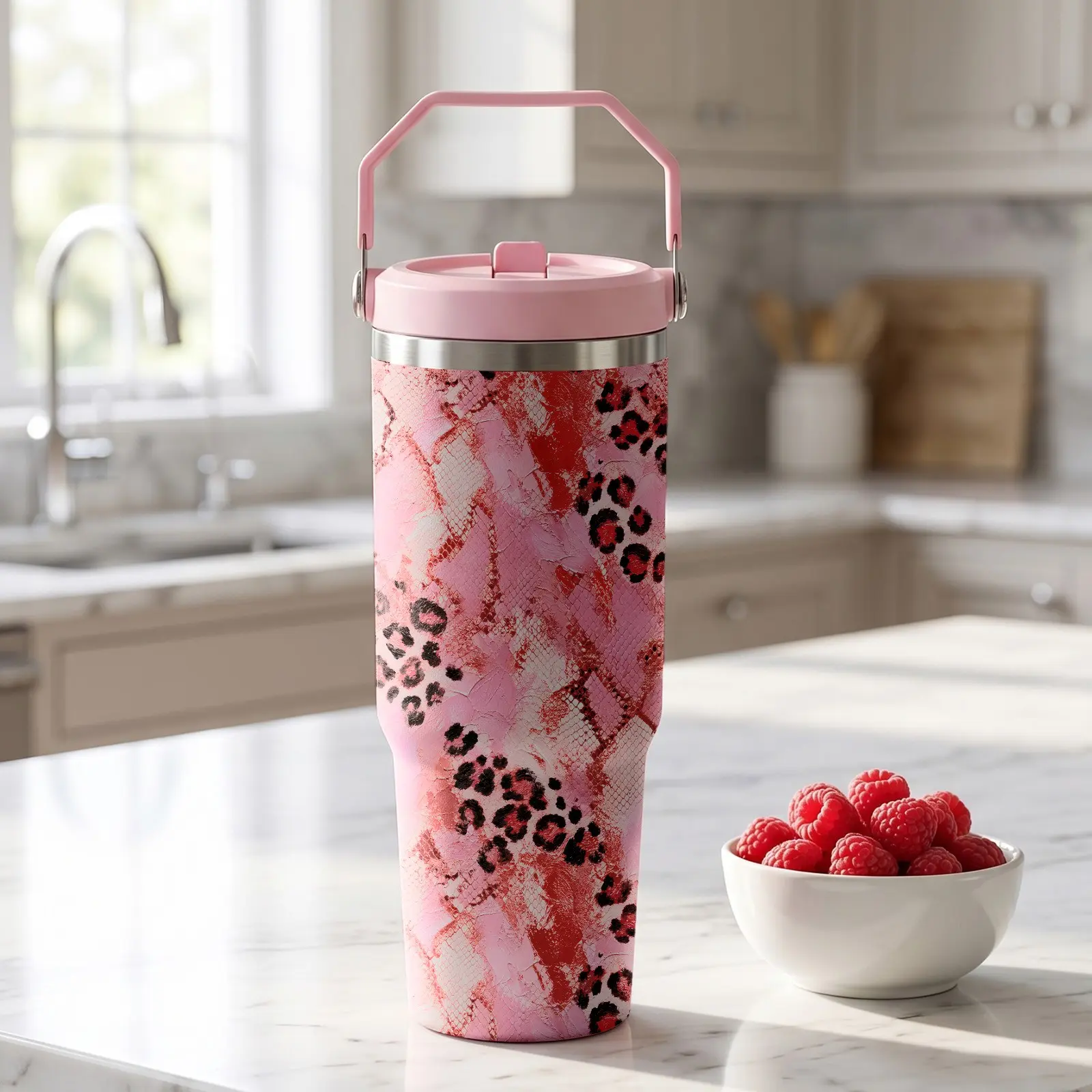 30oz Pink Leopard Snakeskin Straw Tumbler with Handle, Aesthetic Glam Y2K Animal Print Insulated Coffee Mug, Leakproof Stainless Steel Water Bottle, Christmas Stocking Stuffer Birthday Gift for Her, Fits Car Cupholder