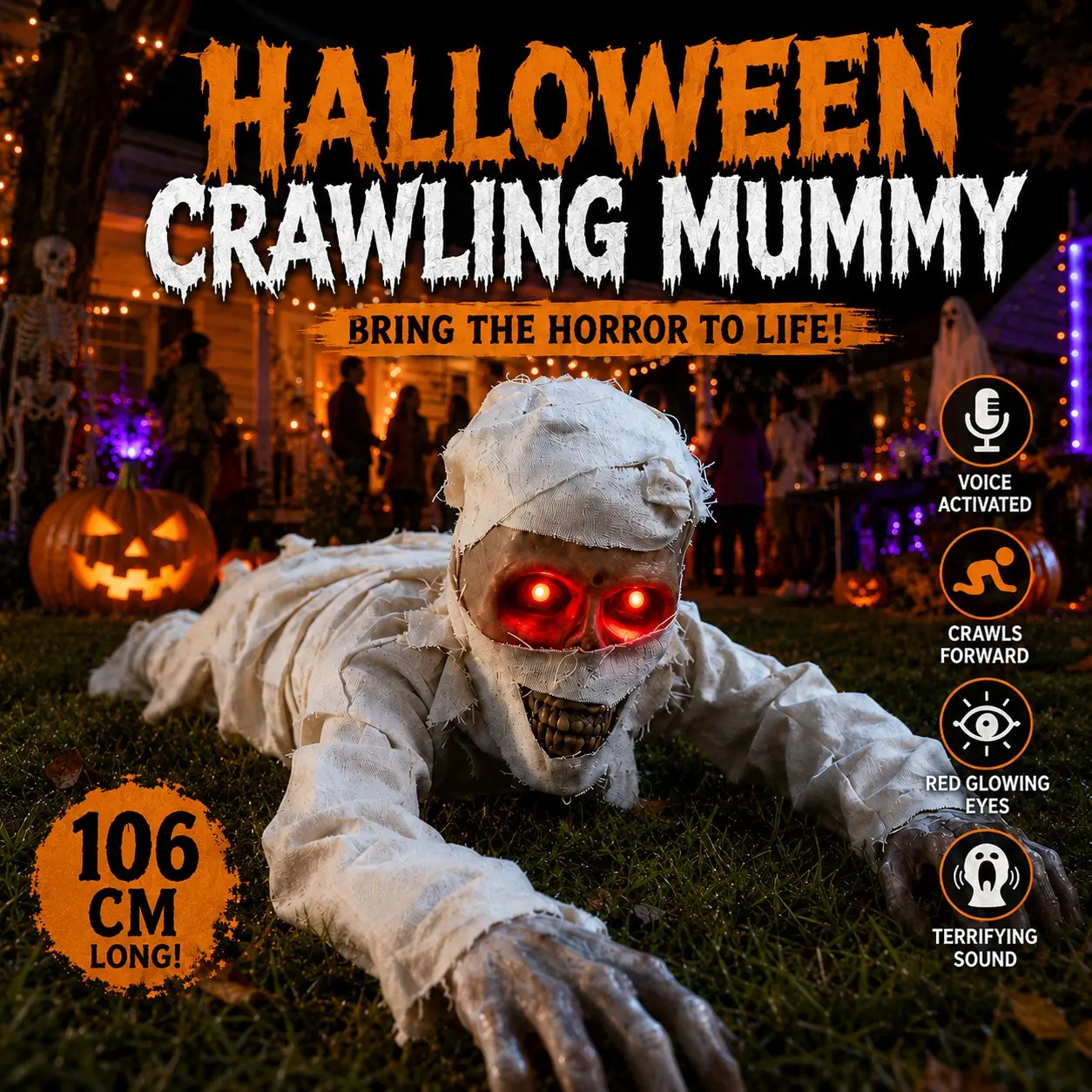106cm Halloween Crawling Mummy, Voice Activated Animated Zombie Prop, Glowing Eyes, Creepy Sounds, Scary Outdoor Yard Decoration