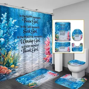 1/4pcs Faith Ocean Shower Curtain Set, Undersea Coral Background English Bible Verse Printed Bathroom Decor, Bathroom Additions Including, U-Shaped Pad, Toilet Lid, 70.87X70.87inch Shower Curtain with Hooks, Christian Faith, Spiritual Bathroom Decor