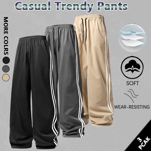 Men's stylish striped print drawstring waist sweatpants, casual and loose-fitting with pockets and a straight leg design, suitable for autumn and winter wear, men's everyday trousers.