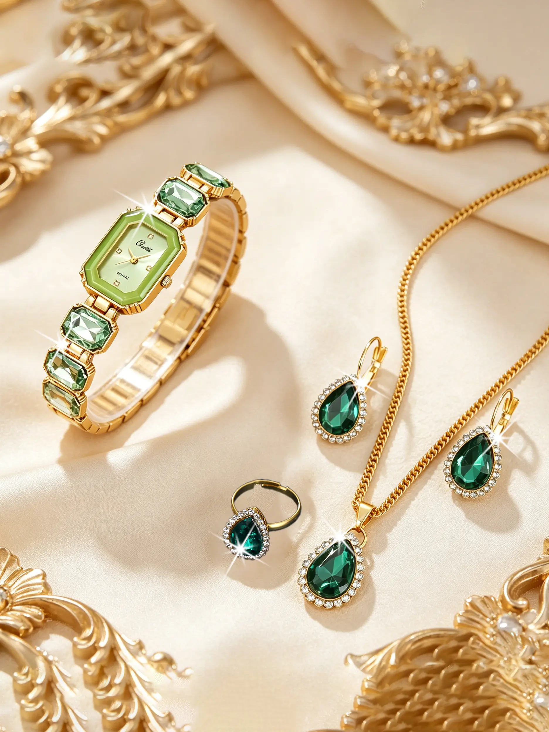 5pcs Elegant Fashion Wedding Party Accessories, Crystal Watch & Emerald Jewelry Set, Perfect Gift for Her, All Seasons