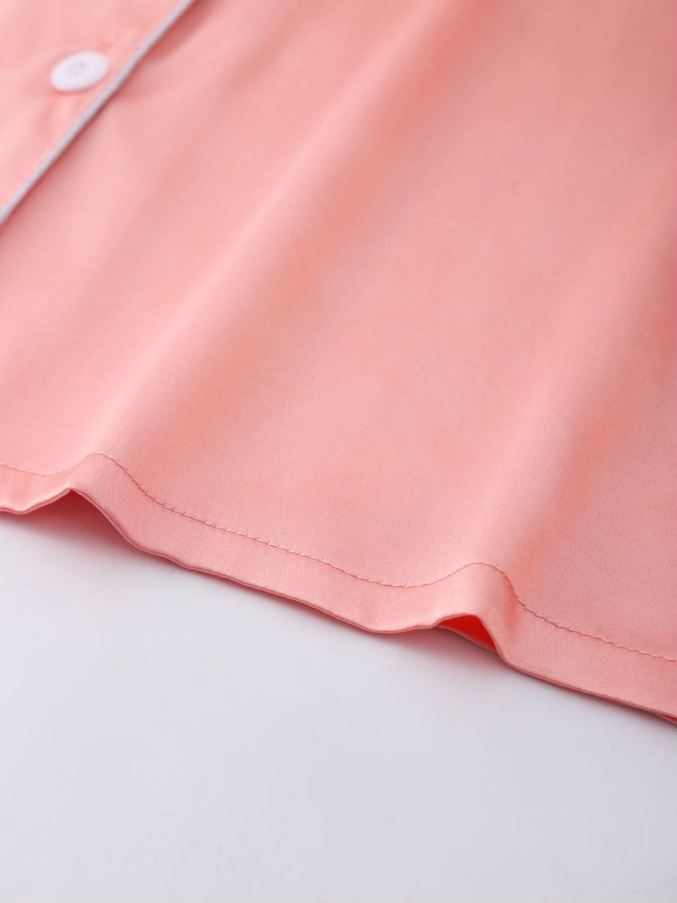 Women's Solid Contrast Binding Bow Decor Pajama Set, Short Sleeve Button Front Lapel Shirt & Shorts Pj Set, Ladies Summer Sleepwear & Loungewear