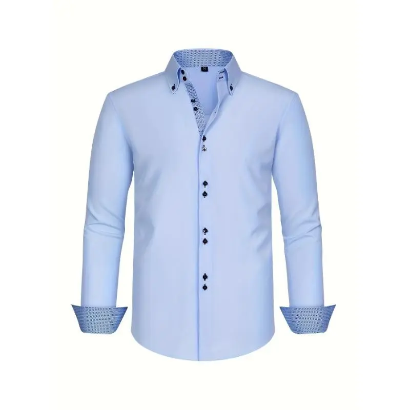 Elegant Men's Dress Shirt - Light Blue Double-Breasted Shirt, Comfortable Breathable Polyester Blend, Classic Contrast Cuff Design Sleeve Tops Menswear Stretch