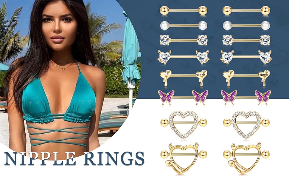 ZELORES  8 Pairs 14G Nipple Rings for Women Stainless Steel CZ Striaght Barbell Tongue Ring Nipple ring Set Butterfly Devil Heart Nipple Piercing Jewelry 16mm 5/8Inch