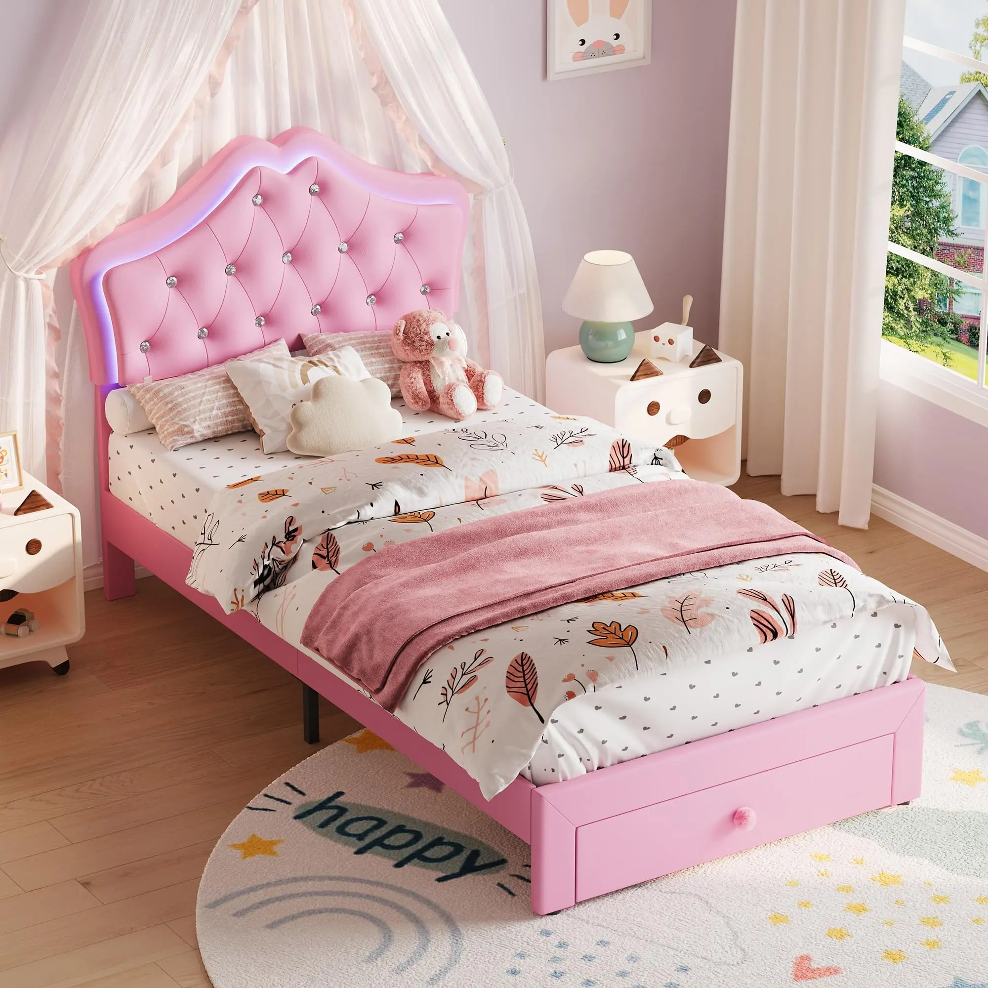 Twin Size Bed Frame with Storage Drawers & LED Lights, Upholstered Platform Bed, Velvet Crystal Button Princess Bed, Noise-Free Slats, No Box Spring Needed