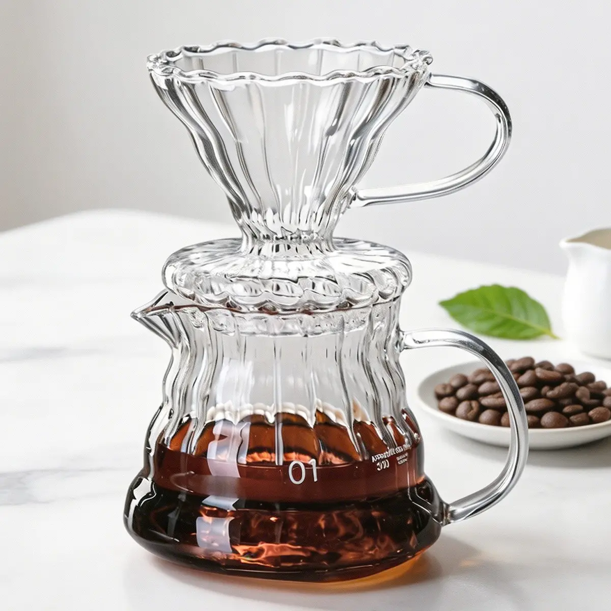 Pour over Coffee Maker, 12/20/27oz Coffee Server with Glass Dripper, Stylish 2 in 1 Kit, Ideal for Home or Office, 1-2 Cups
