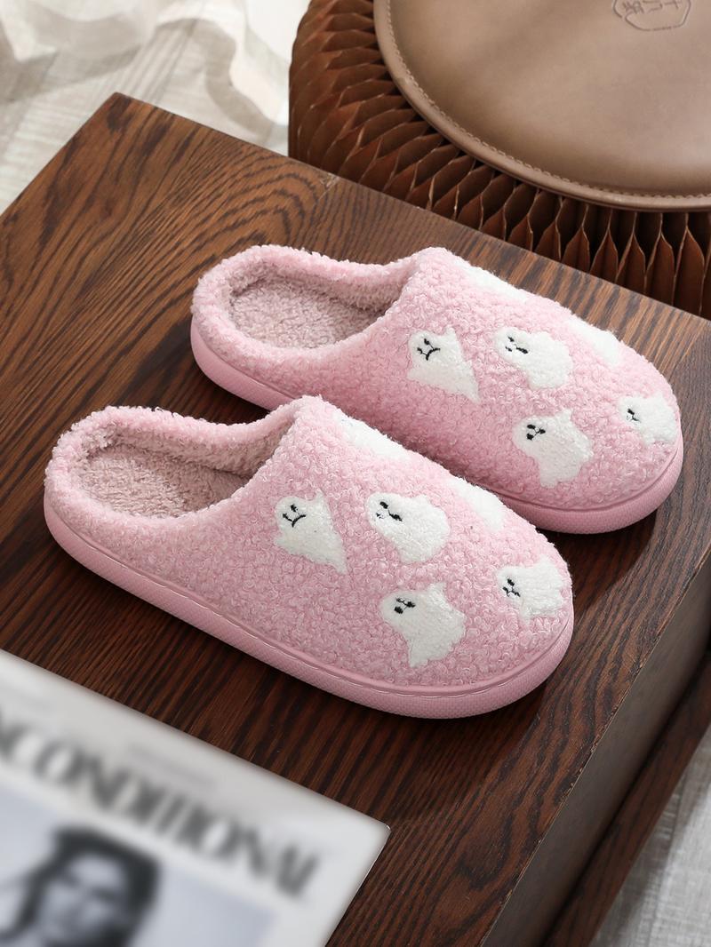 Women's Cute Cartoon Ghost Pattern Plush Slippers, Warm Casual Soft Comfortable Home Slippers, Warm Slippers for Indoor & Outdoor Use for All Seasons