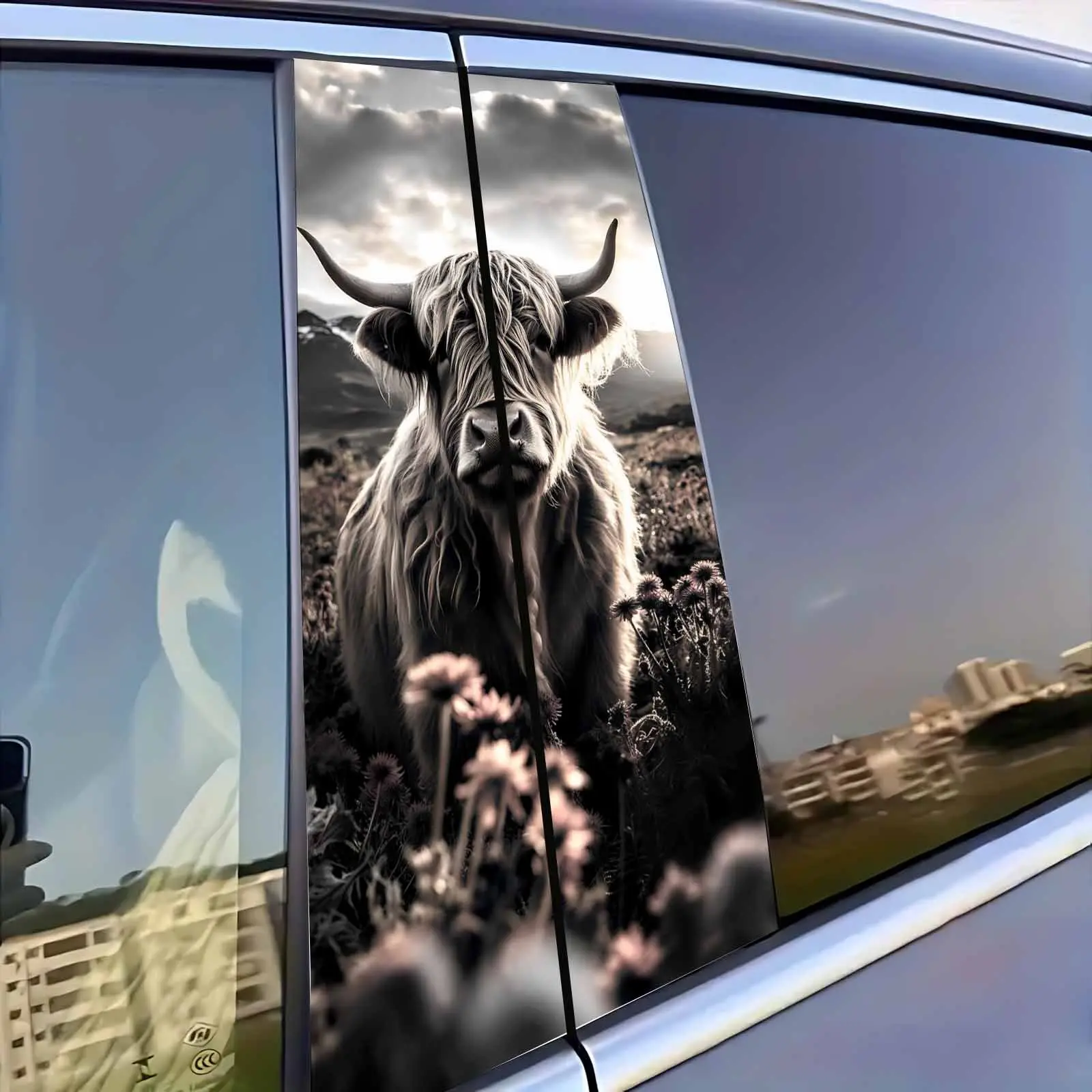 A Set of 2 Car Center Pillar Decals Featuring a Long-horned Highland Cow with Floral Designs, Ideal for Exterior Vehicle Decoration, Car Decorations, Rural Farm Animal Themes, and Bison-inspired Styling, Car Decal Sticker, Car Stickers