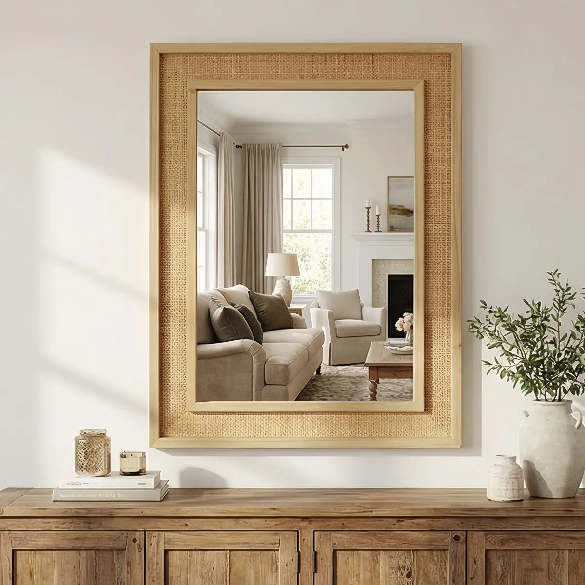 Decorative Rectangle Natural Rattan-Wrapped Solid Wood Vanity Wall Mirror - Tempered HD Glass, Undistorted Reflection, D-Ring Hanging Hardware, Multi-Mount Float Design, Easy Installation for Bathroom, Entryway Home Decor