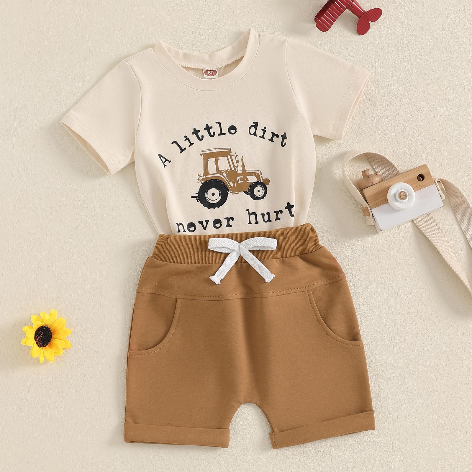 Toddler Baby Boy Summer Outfits A Little Dirt Letter Print Short Sleeve Shirt and Waist Shorts Pocket 2 Pcs Set Summer Clothes