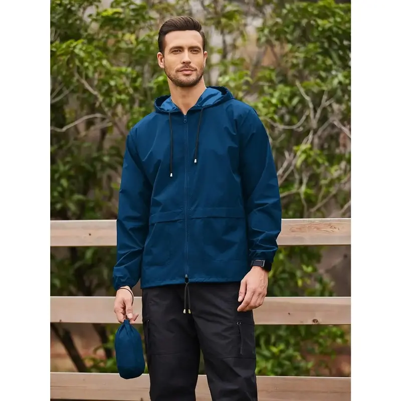 Men's Packable Jacket Outdoor Waterproof Hooded Lightweight Classic Cycling Raincoat for Hiking/Outdoor/Camping Fabric Menswear Zipper Breathable Relaxed Fit Long Sleeve Tops Athletic Outerwear Activewear Blazer