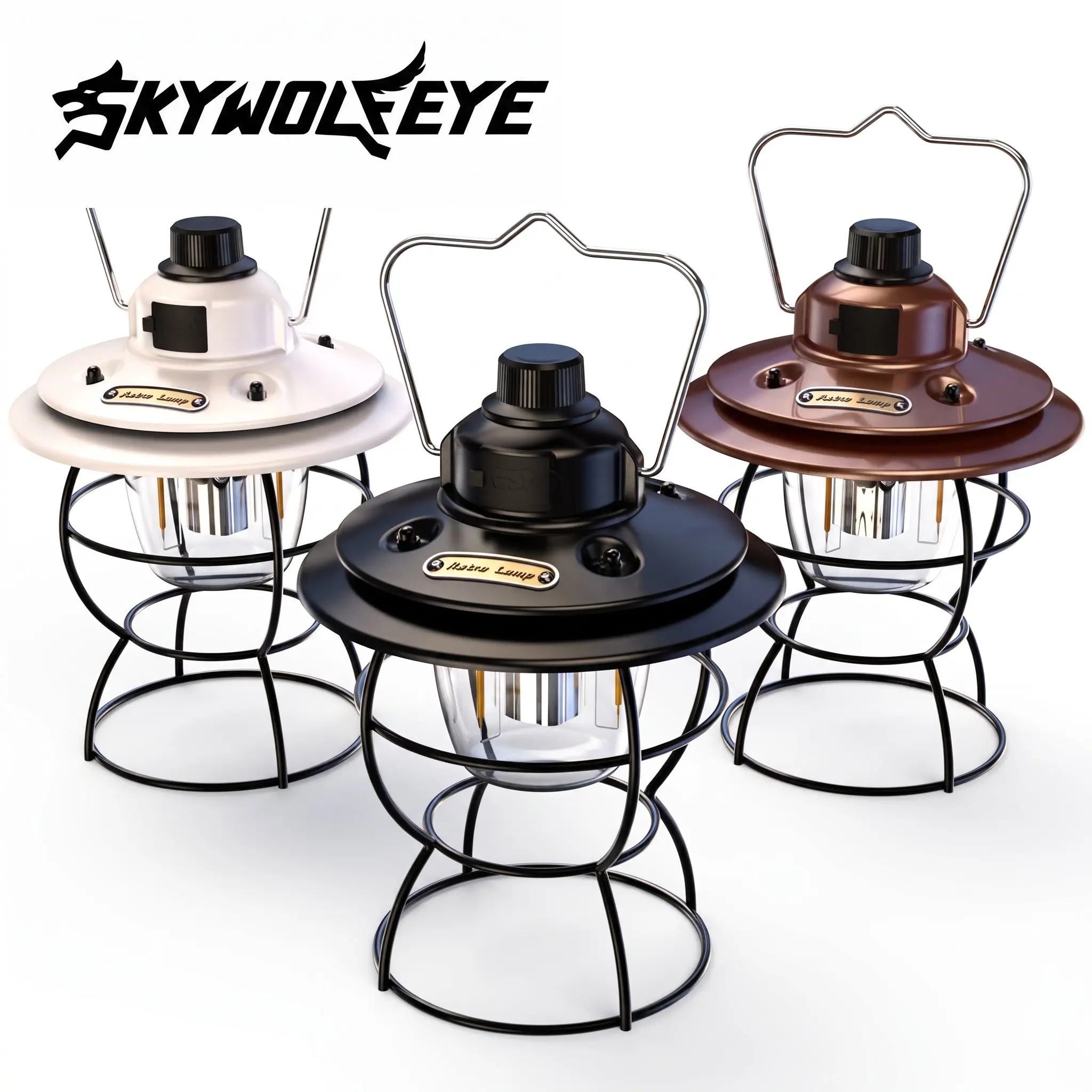 SKYWOLFEYE Retro Camping Lantern in Stainless Steel and ABS, Rechargeable Dimmable Light with Power Bank, Travel Friendly for Camping & Emergencies