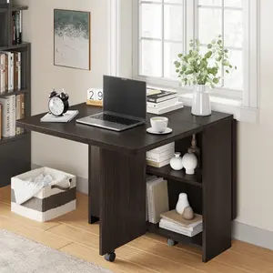 🍽️ Folding Dining Table with Drop Leaf & 2-Tier Storage – Space-Saving Collapsible Kitchen Table with 6 Rolling Wheels, Dark Walnut for Small Spaces! ✨