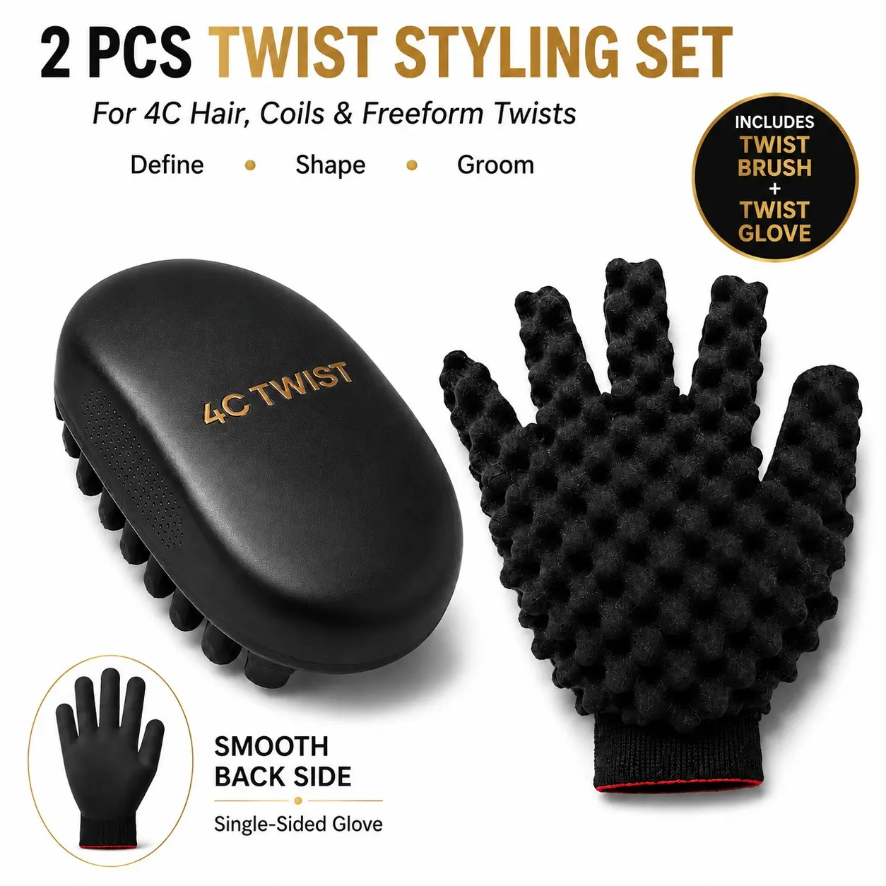 4C Twist 2-Piece Styling Set, Twist Sponge Brush & Single-Sided Foam Twist Glove for 4C Hair, Coils, Freeform Twists & Locs, Natural Afro Textured Hair Curl Sponge Brush Kit for Defining, Shaping, Grooming & Daily Styling