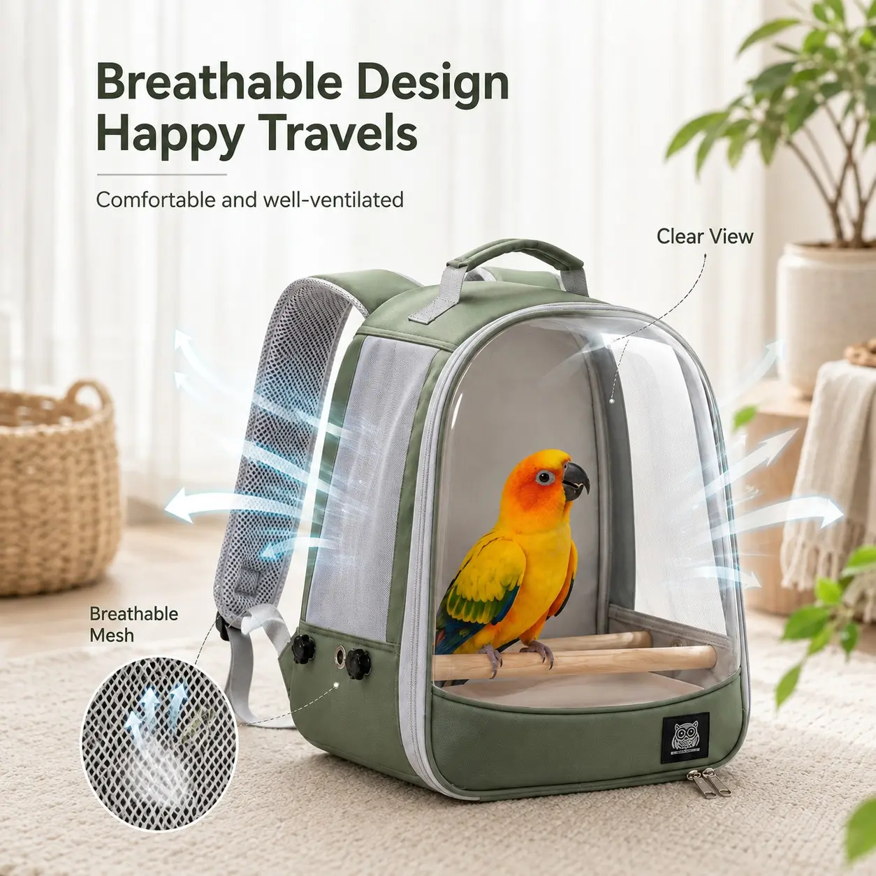 Parrot Travel Backpack, Portable Bird Bag for Budgies, Cockatoos, Lovebirds, with Dual Food Cups, Transparent Window, Mesh Panel, Perch, Tray