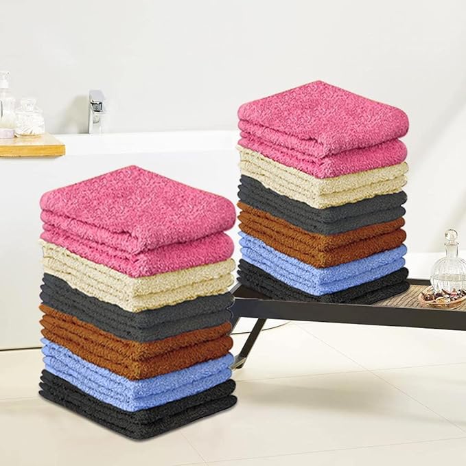 100% Cotton - Wash Cloth Set - Pack of 24, Flannel Face Cloths, Light Weight, Thin Quality Highly Absorbent and Soft Feel Fingertip Towels (12x12 Pack of 24) Gift Bath Multicolor