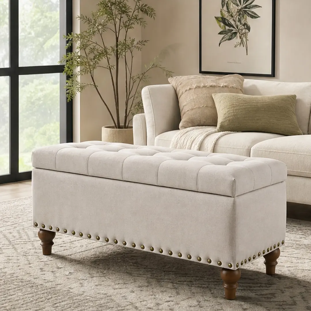 Retro Rectangle ARCH Linen Fabric Ottoman Storage Bench - Upholstered Footstool with Hidden Compartment, Recessed Hinge Top, Rivet Trim, Wood Frame, 36.6x16.9x17.7 in, Beige, 300 lb Capacity, Spot Clean, Assembly Required for Living Room, Bedroom