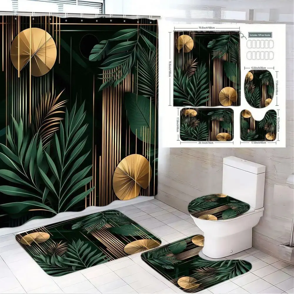 1/4pcs Tropical Modern Bathroom Set, Bathroom Decoration Accessories - Dark Green Shower Curtain Sets with Golden Palm Leaves & Circles, 2 Bath Mats, Toilet Seat Cover (15 Hooks) - White Tile Bathroom Aesthetic Bathroom Accessory