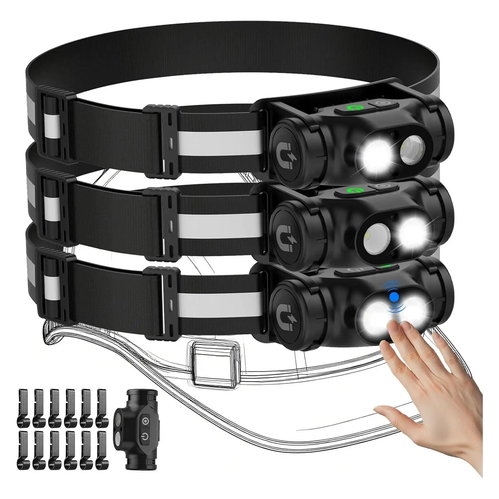 Rechargeable LED Headlamp 3-Pack, Super Bright High Lumen Headlamp with Motion Sensor, 4 Modes, Magnet, Detachable Flashlight & Headband for Adults, Running, Outdoor, Emergency, Hard Hat LightGift