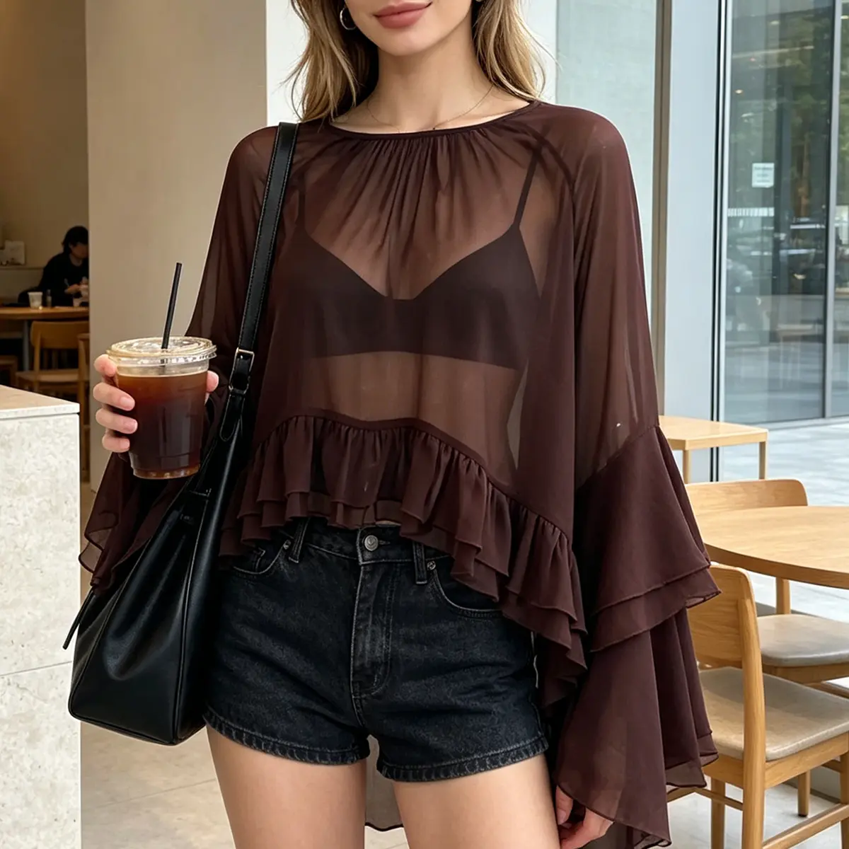 Women's Casual Blouse in Sheer Chiffon with Flowy Ruffle Bell Sleeves, Relaxed Fit with Ruffled Edges, Regular Crop for Date & Brunch, Romance, Relaxed Vibe, Crew Neck, Hand Wash Only